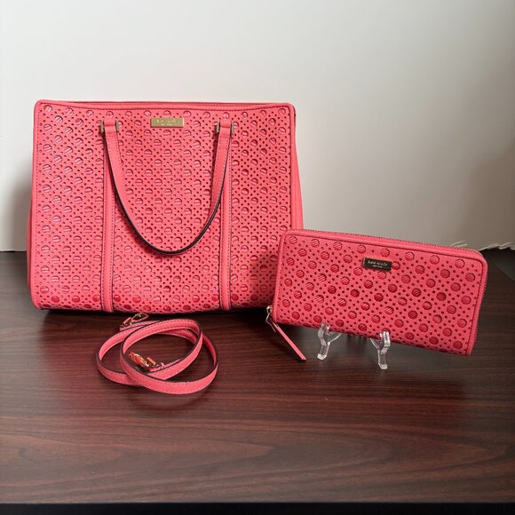 Kate Spade Romy Newbury Lane Caning Bag Crossbody Coral Leather Tote with Wallet - Picture 1 of 12